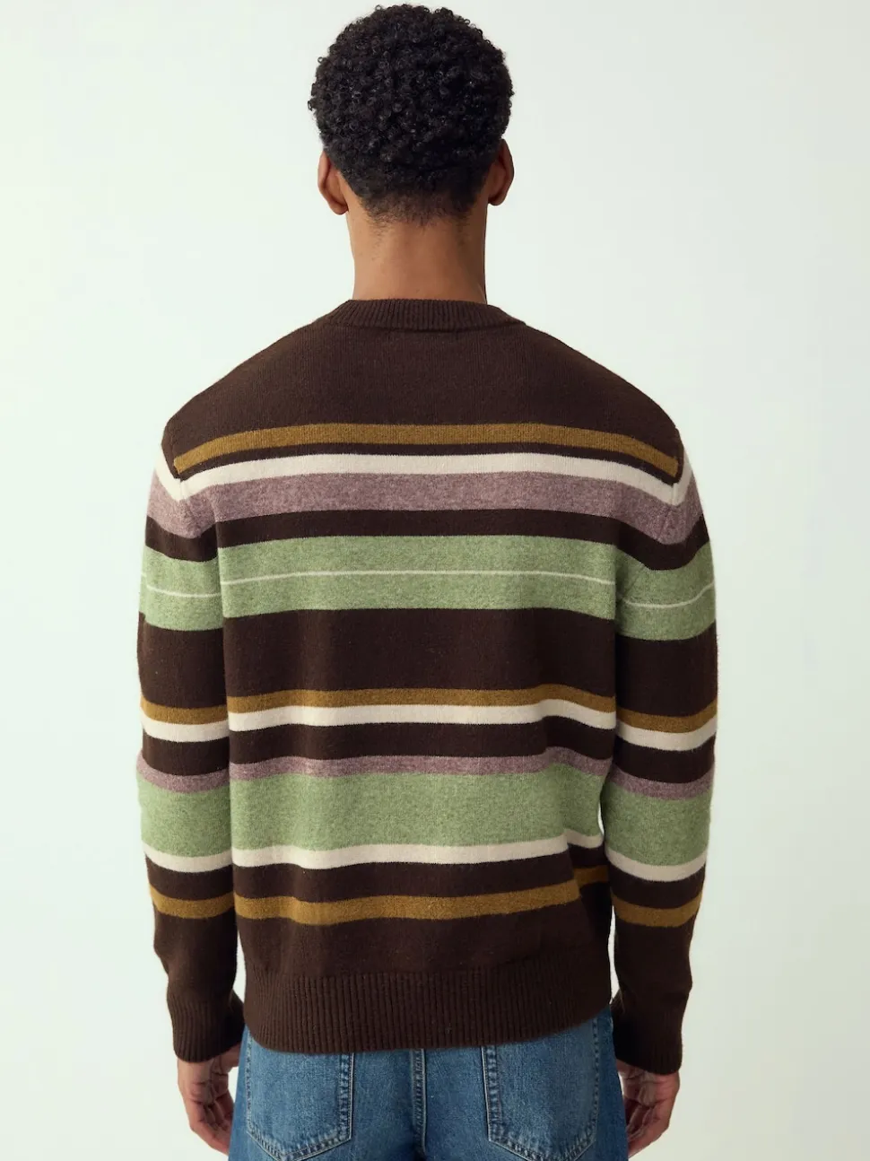 Brown/Sage Green Regular Fit Cosy Stripe Crew Jumper with Wool