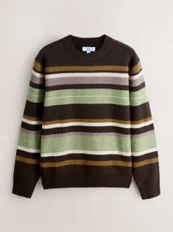 Brown/Sage Green Regular Fit Cosy Stripe Crew Jumper with Wool