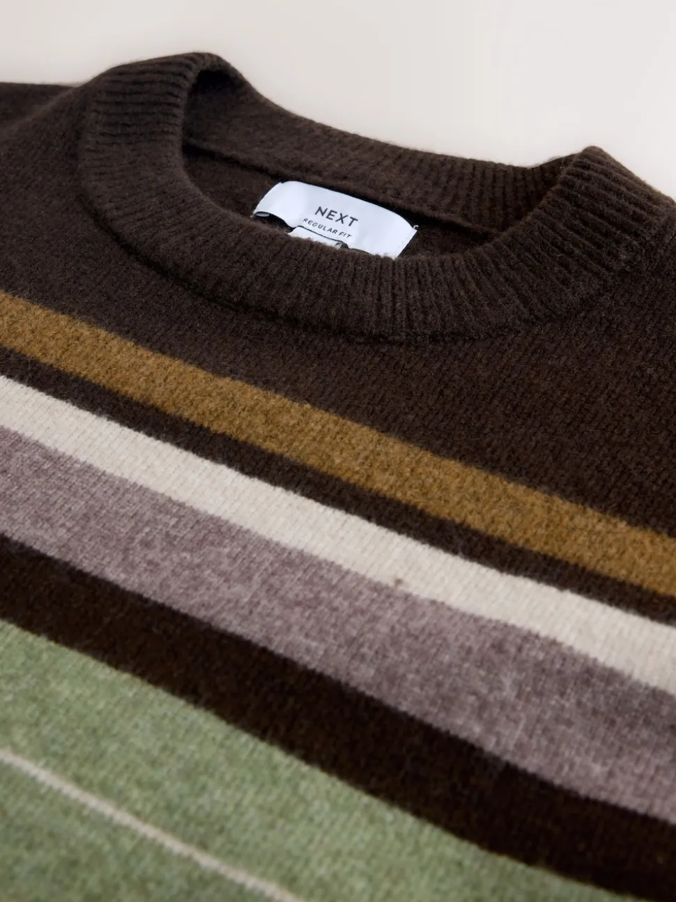 Brown/Sage Green Regular Fit Cosy Stripe Crew Jumper with Wool