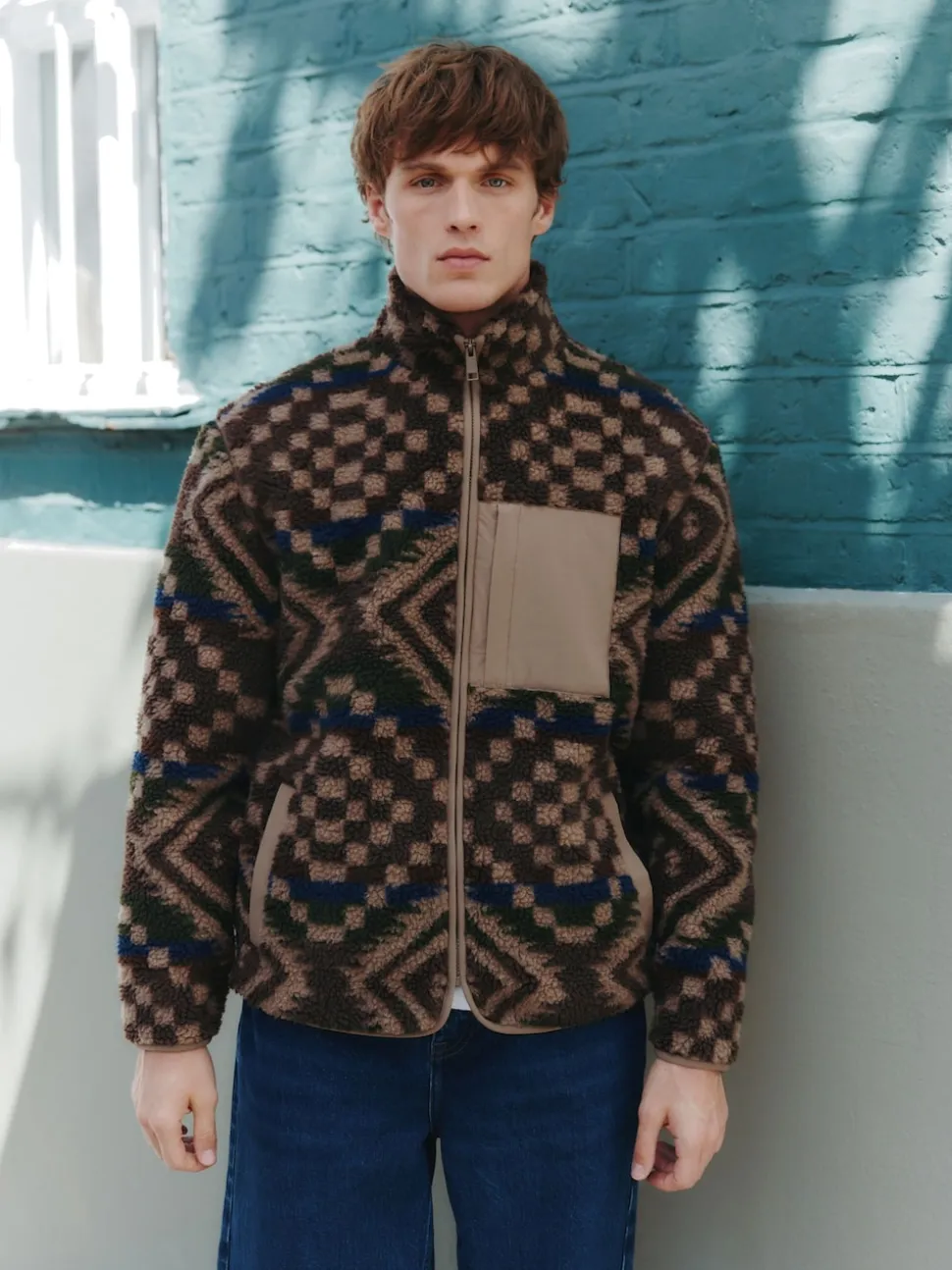 Brown/Tan Geometric Zip Through Printed Fleece