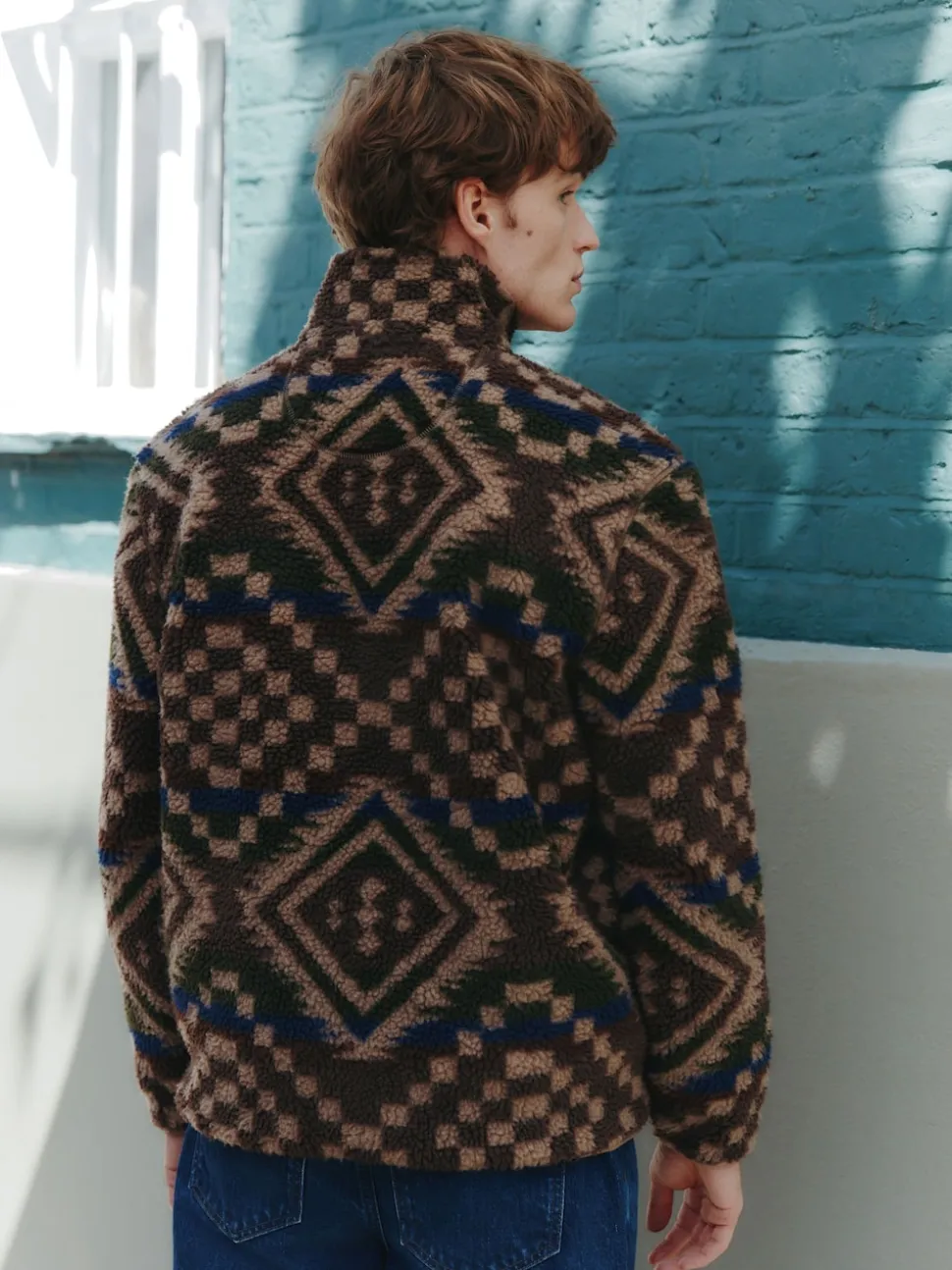 Brown/Tan Geometric Zip Through Printed Fleece