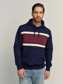Burgandy Red/Navy Blue/Ecru White Overhead Hoodie Colour Blocking Sweatshirt