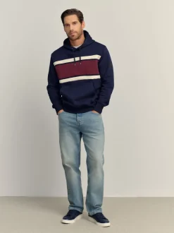 Burgandy Red/Navy Blue/Ecru White Overhead Hoodie Colour Blocking Sweatshirt