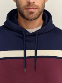 Burgandy Red/Navy Blue/Ecru White Overhead Hoodie Colour Blocking Sweatshirt
