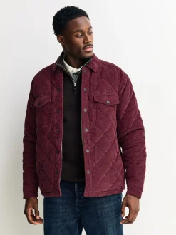 Burgundy Red Borg Lined Diamond Quilt Corduroy Shacket