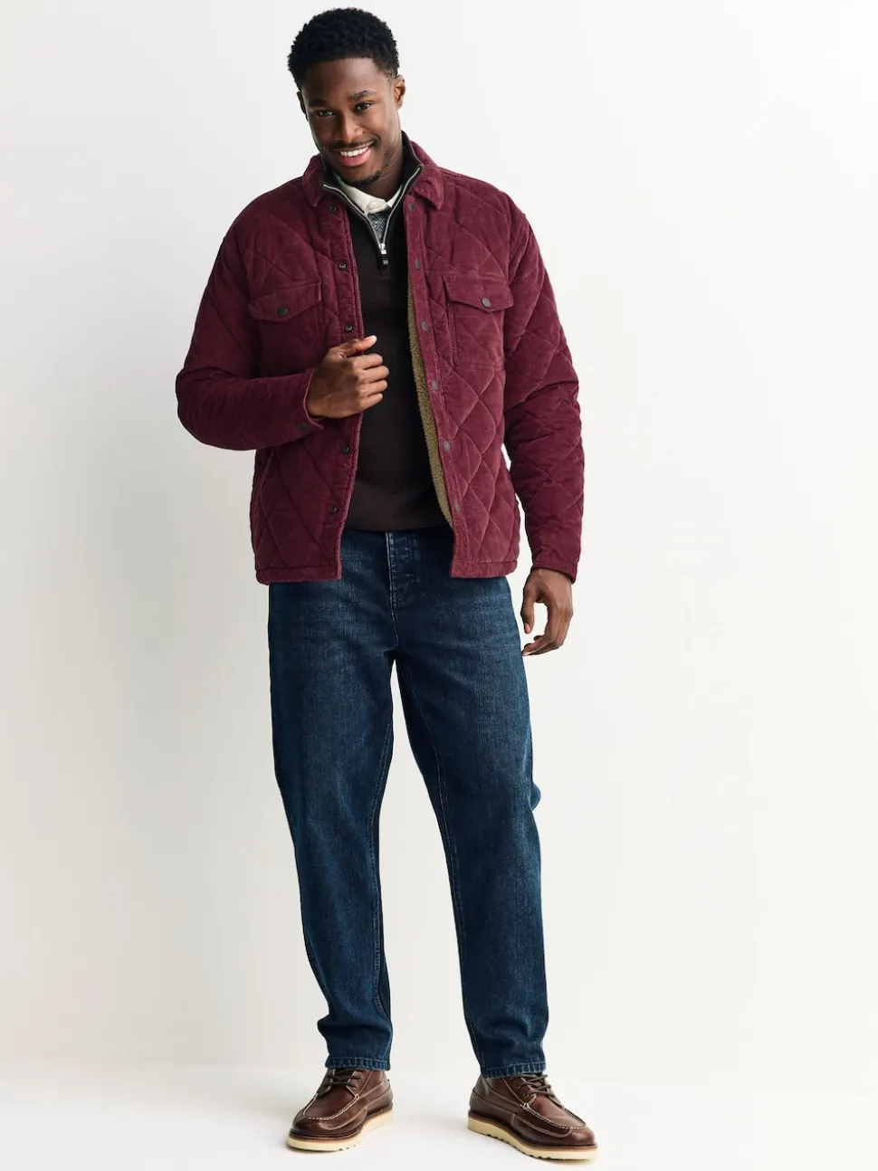 Burgundy Red Borg Lined Diamond Quilt Corduroy Shacket