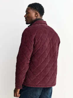 Burgundy Red Borg Lined Diamond Quilt Corduroy Shacket