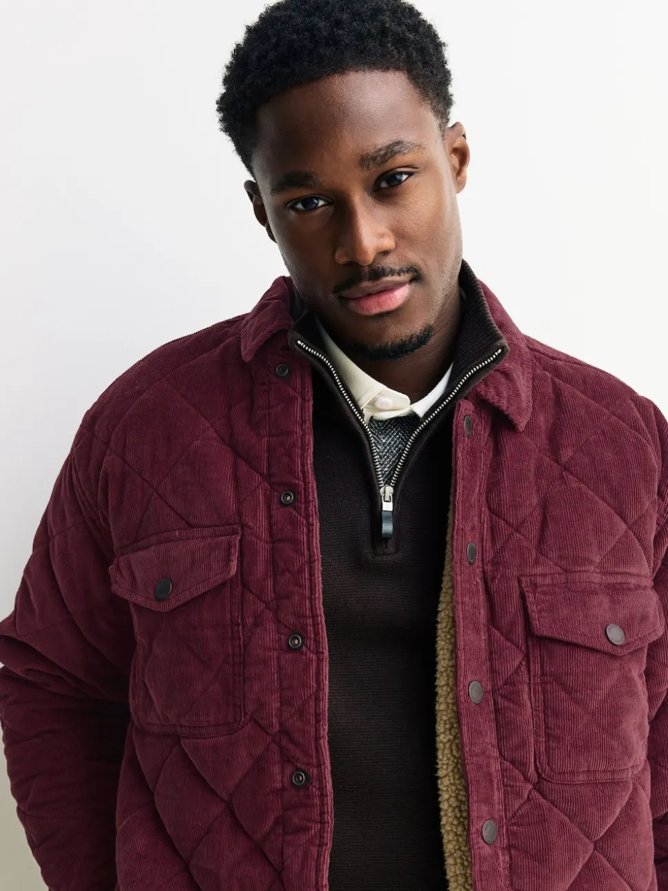 Burgundy Red Borg Lined Diamond Quilt Corduroy Shacket
