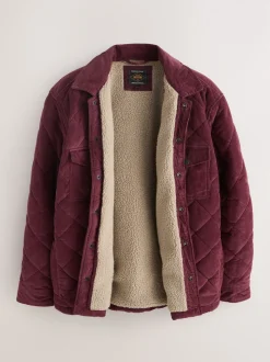 Burgundy Red Borg Lined Diamond Quilt Corduroy Shacket