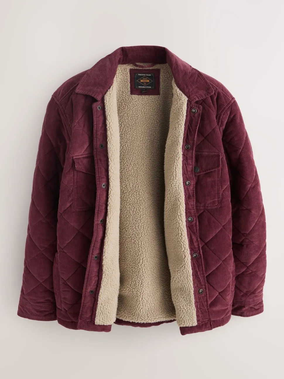 Burgundy Red Borg Lined Diamond Quilt Corduroy Shacket