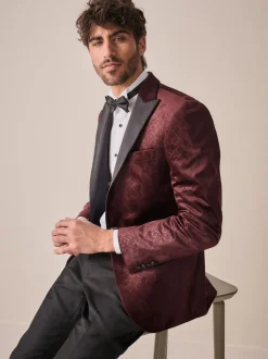 Burgundy Red Geometric Slim Fit Patterned Velvet Blazer