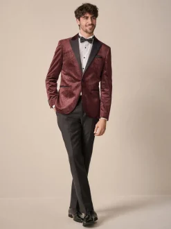 Burgundy Red Geometric Slim Fit Patterned Velvet Blazer