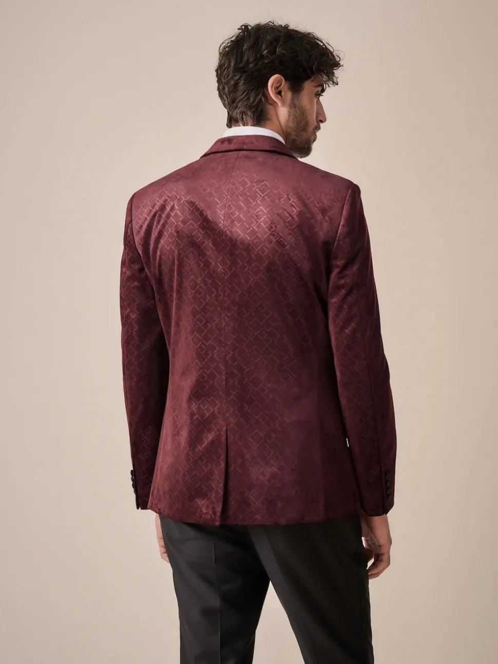 Burgundy Red Geometric Slim Fit Patterned Velvet Blazer