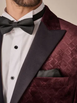 Burgundy Red Geometric Slim Fit Patterned Velvet Blazer