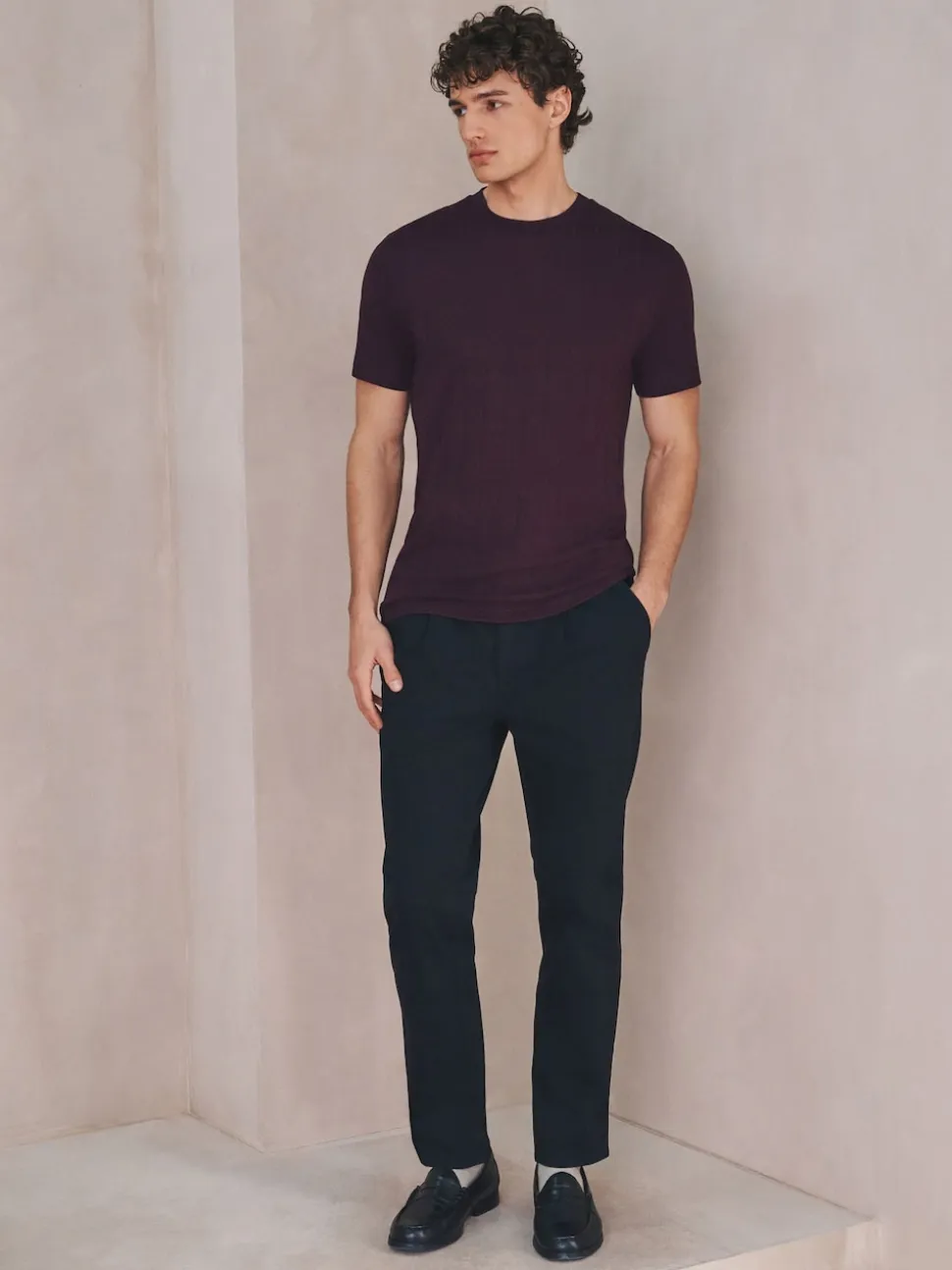 Burgundy Red N.Premium Modal Cotton Ribbed Textured Smart T-Shirt