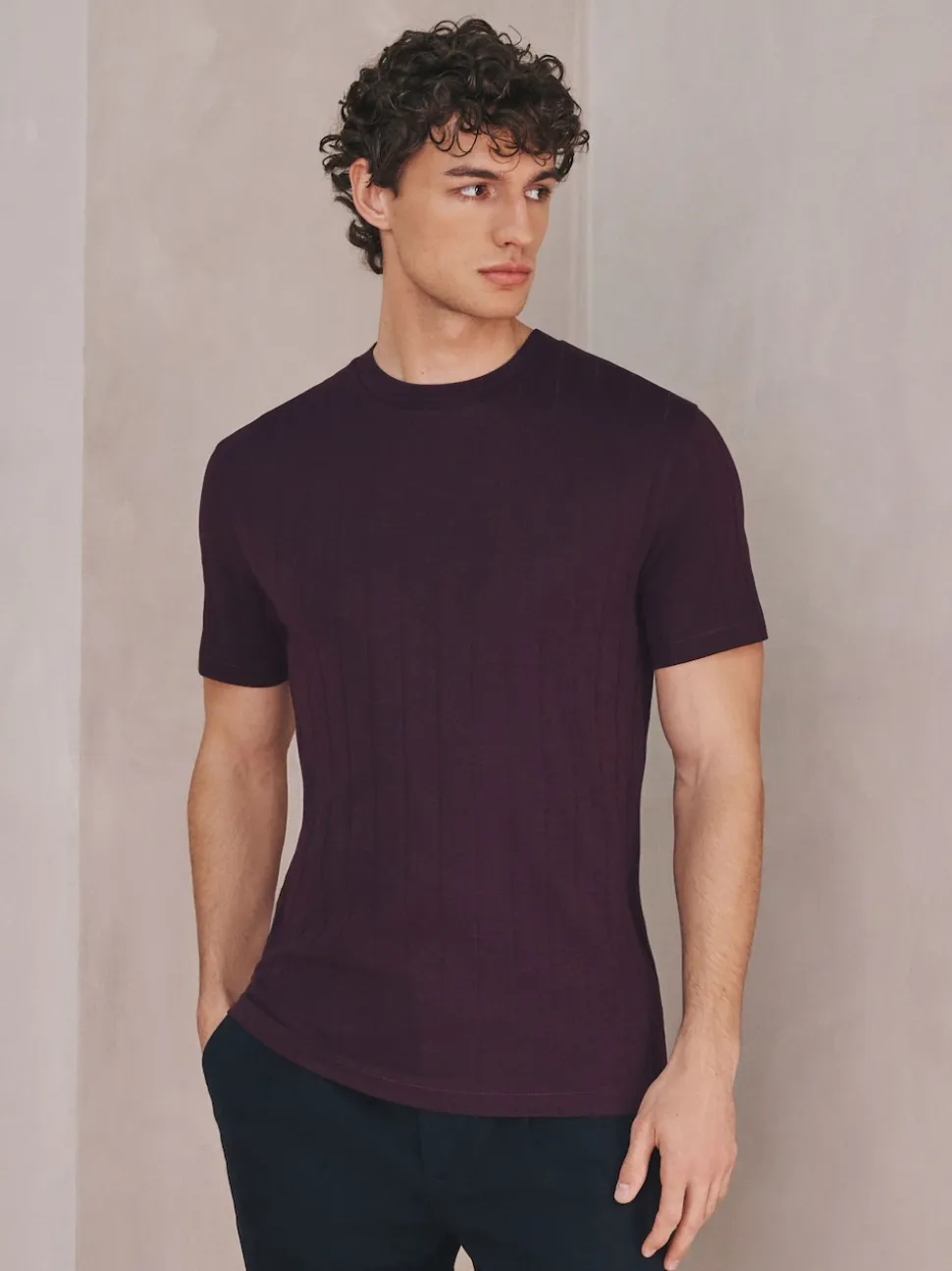 Burgundy Red N.Premium Modal Cotton Ribbed Textured Smart T-Shirt