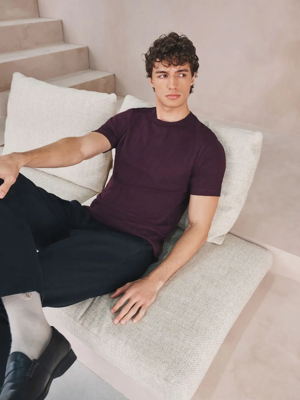Burgundy Red N.Premium Modal Cotton Ribbed Textured Smart T-Shirt
