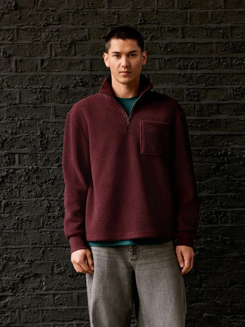 Burgundy Red Quarter Zip Borg Fleece