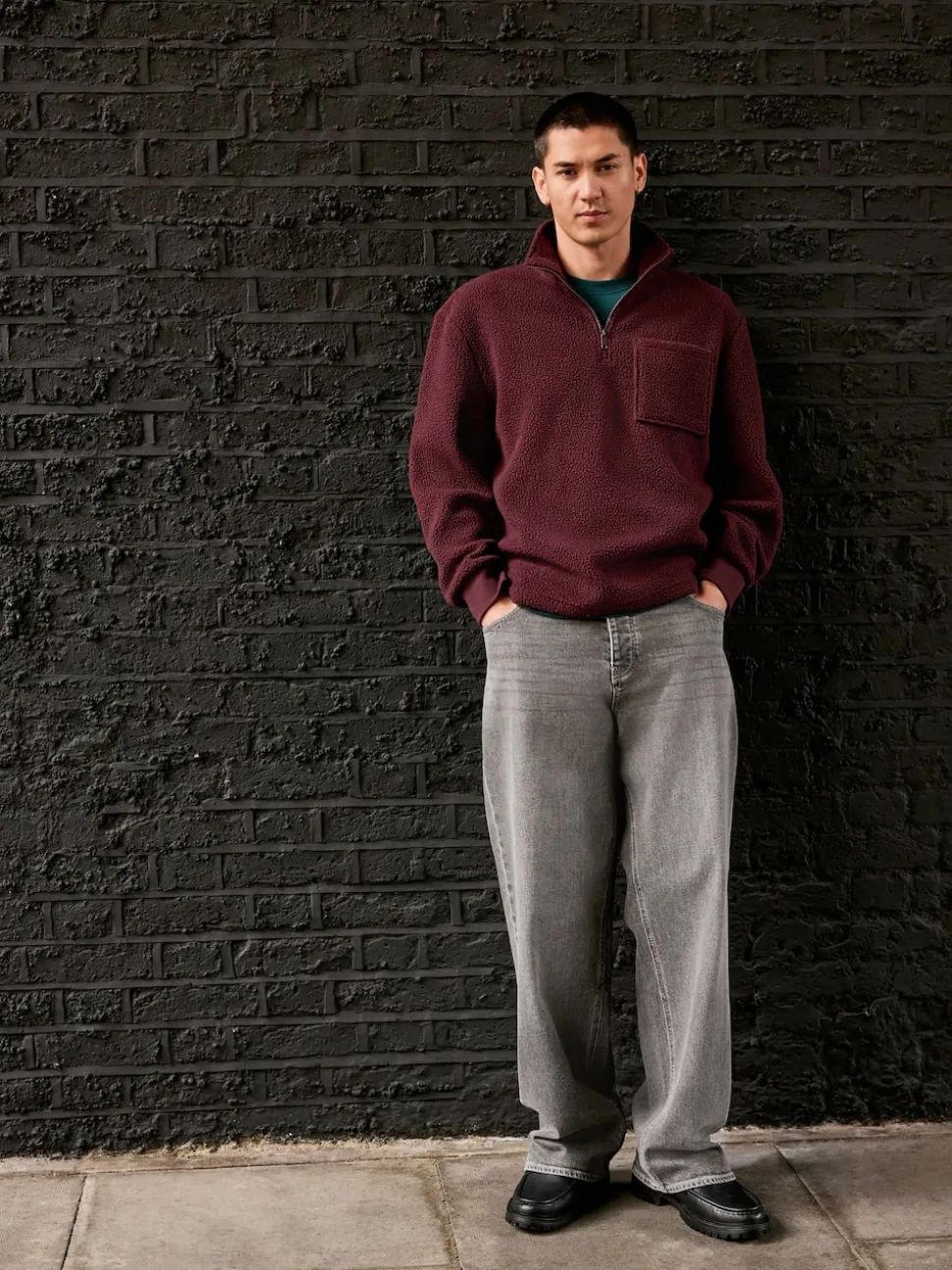 Burgundy Red Quarter Zip Borg Fleece