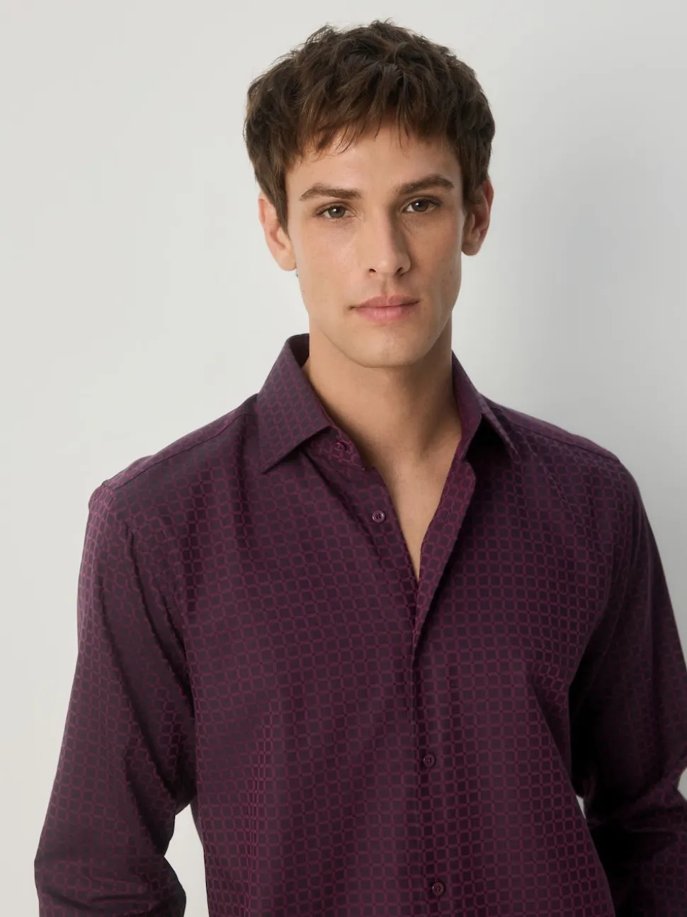 Burgundy Red Regular Fit Geometric Print Long Sleeve Smart Shirt