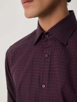Burgundy Red Regular Fit Geometric Print Long Sleeve Smart Shirt
