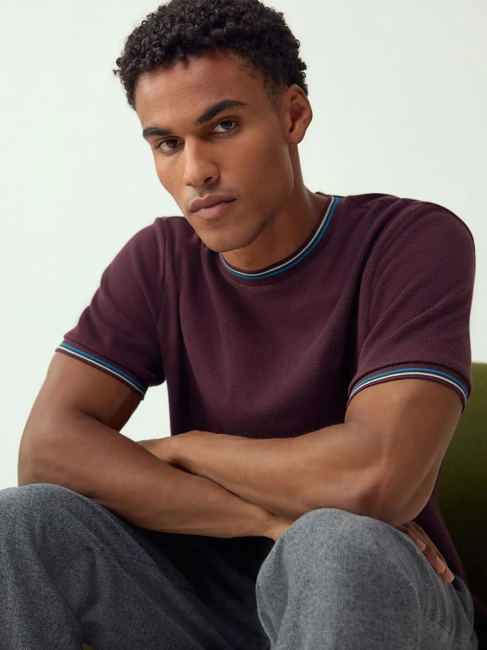 Burgundy Red Regular Fit & 100% Cotton Textured Tipped T-Shirt