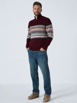 Burgundy Red Regular Fit Fairisle Pattern Chest Block Zip Neck Jumper