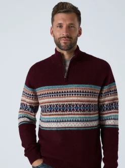Burgundy Red Regular Fit Fairisle Pattern Chest Block Zip Neck Jumper