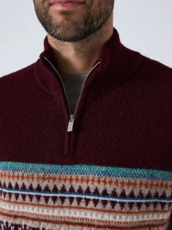 Burgundy Red Regular Fit Fairisle Pattern Chest Block Zip Neck Jumper