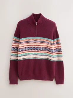 Burgundy Red Regular Fit Fairisle Pattern Chest Block Zip Neck Jumper