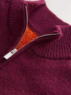Burgundy Red Regular Fit Fairisle Pattern Chest Block Zip Neck Jumper