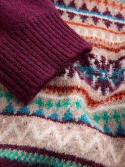 Burgundy Red Regular Fit Fairisle Pattern Chest Block Zip Neck Jumper