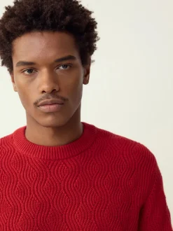 Burgundy Red Regular Fit Cotton Rich Wave Cable Crew Jumper