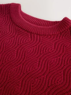 Burgundy Red Regular Fit Cotton Rich Wave Cable Crew Jumper