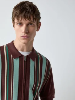 Burgundy Red Regular Fit Short Sleeve Stripe Zip Through Knitted Polo Shirt