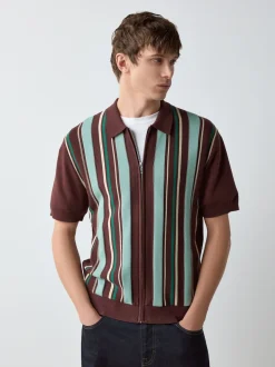 Burgundy Red Regular Fit Short Sleeve Stripe Zip Through Knitted Polo Shirt
