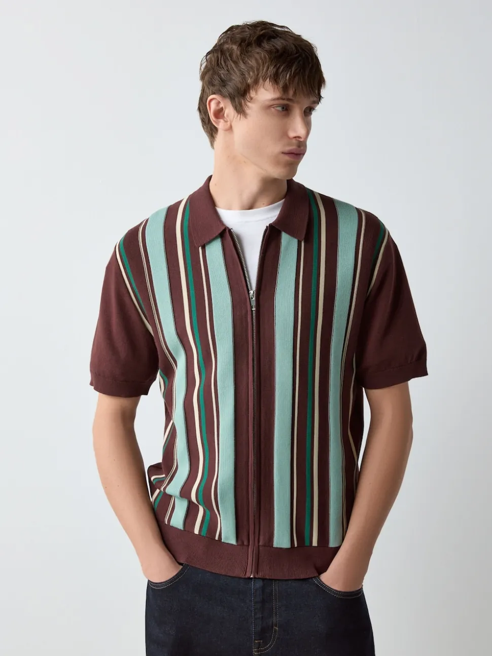 Burgundy Red Regular Fit Short Sleeve Stripe Zip Through Knitted Polo Shirt