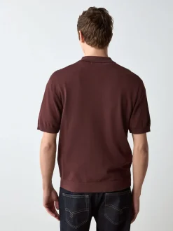 Burgundy Red Regular Fit Short Sleeve Stripe Zip Through Knitted Polo Shirt