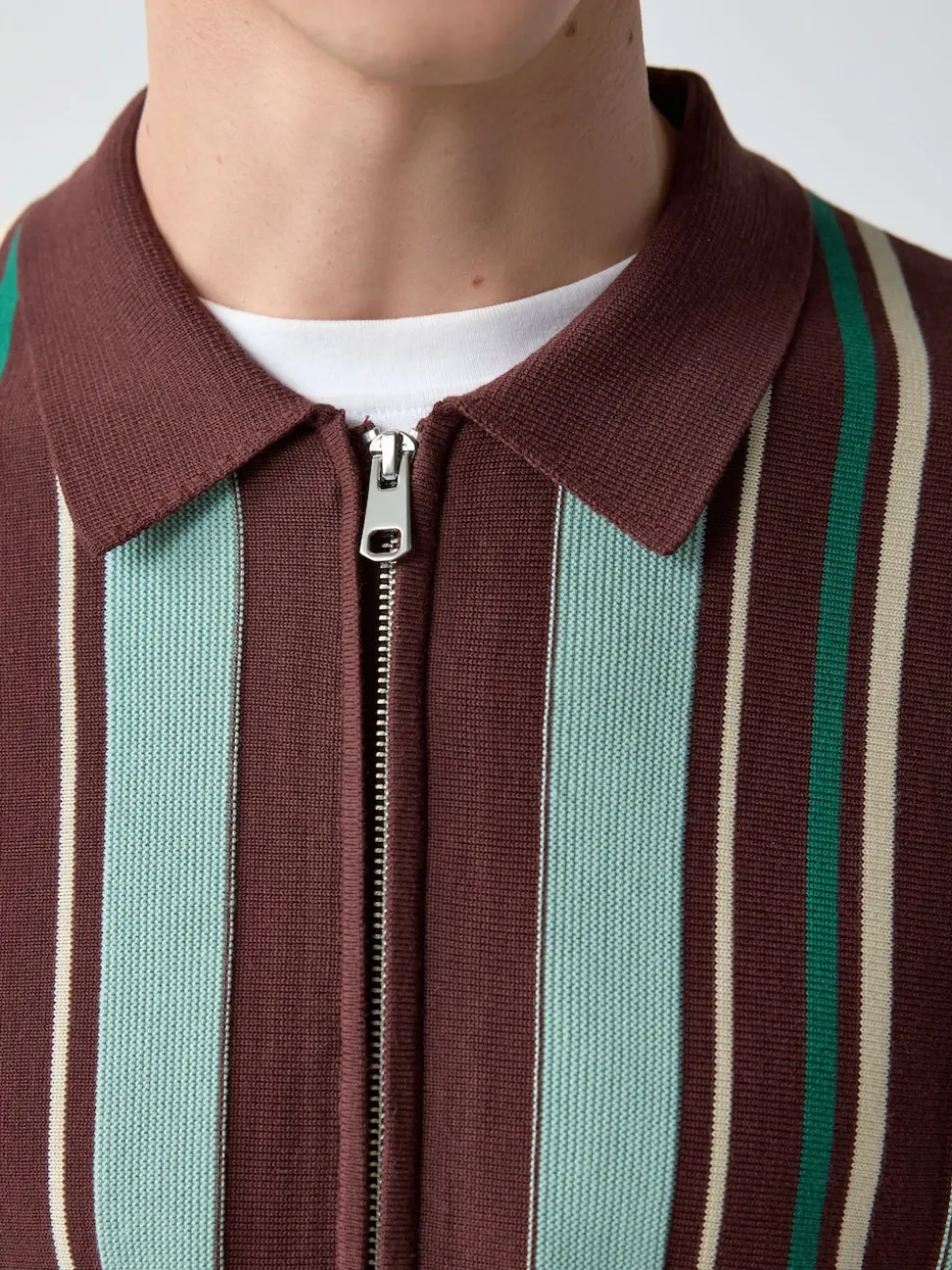Burgundy Red Regular Fit Short Sleeve Stripe Zip Through Knitted Polo Shirt
