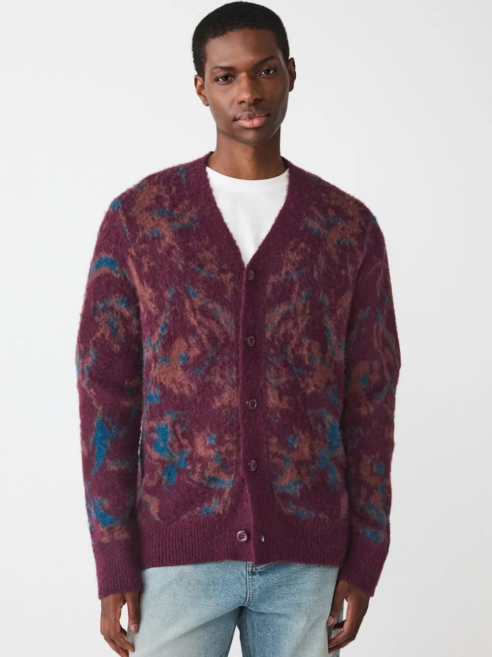 Burgundy Red Relaxed Fit Floral Pattern Cardigan