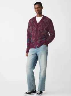 Burgundy Red Relaxed Fit Floral Pattern Cardigan