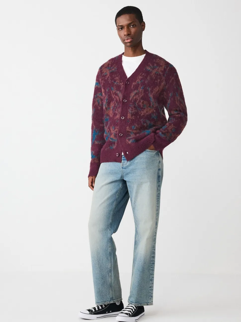 Burgundy Red Relaxed Fit Floral Pattern Cardigan