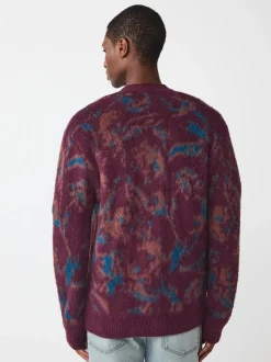Burgundy Red Relaxed Fit Floral Pattern Cardigan