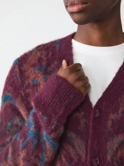 Burgundy Red Relaxed Fit Floral Pattern Cardigan