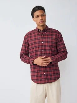Burgundy Red Slim Fit Long Sleeve Check Stretch Oxford Shirt