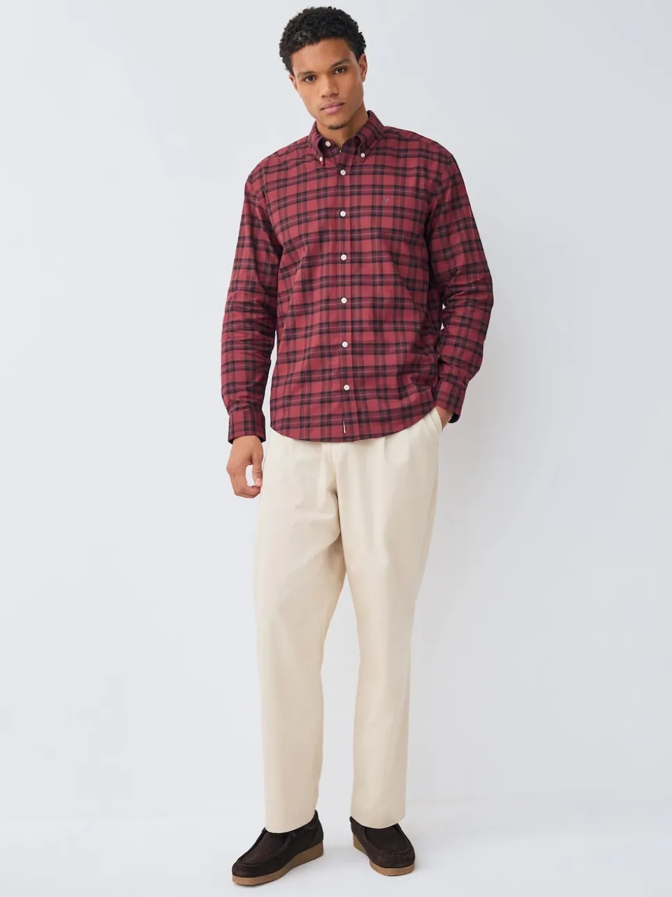 Burgundy Red Slim Fit Long Sleeve Check Stretch Oxford Shirt