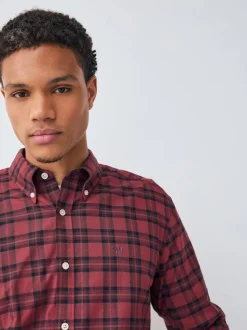 Burgundy Red Slim Fit Long Sleeve Check Stretch Oxford Shirt