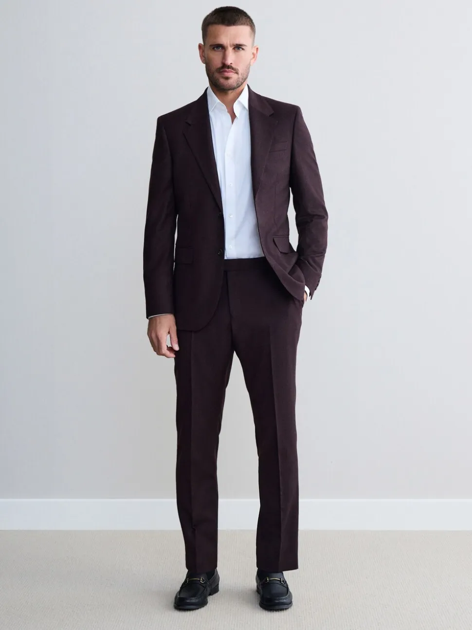 Burgundy Red Slim Fit Signature Zignone Italian Wool Cashmere Blend Flannel Suit Trousers