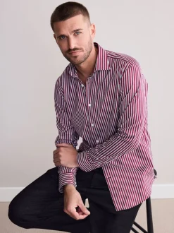 Burgundy Red Stripe Slim Fit 100% Cotton Signature Single Cuff Shirt