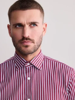 Burgundy Red Stripe Slim Fit 100% Cotton Signature Single Cuff Shirt